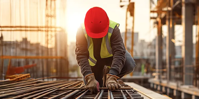 A construction worker in protective gear working on site working for a company that offers employee benefits, retirement funds, and occupational health insurance.