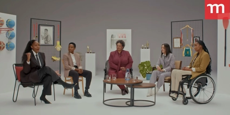 A panel of four professional South African sportswomen, including one wheelchair user, participating in a video-based discussion as part of the She Owns Her Success in Sport campaign.