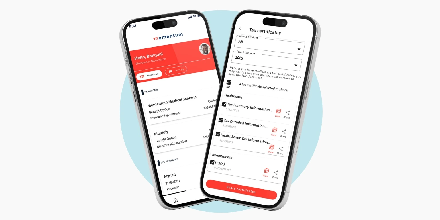 Momentum App tax certificates feature on mobile, allowing users to view and share medical aid and investment tax documents.