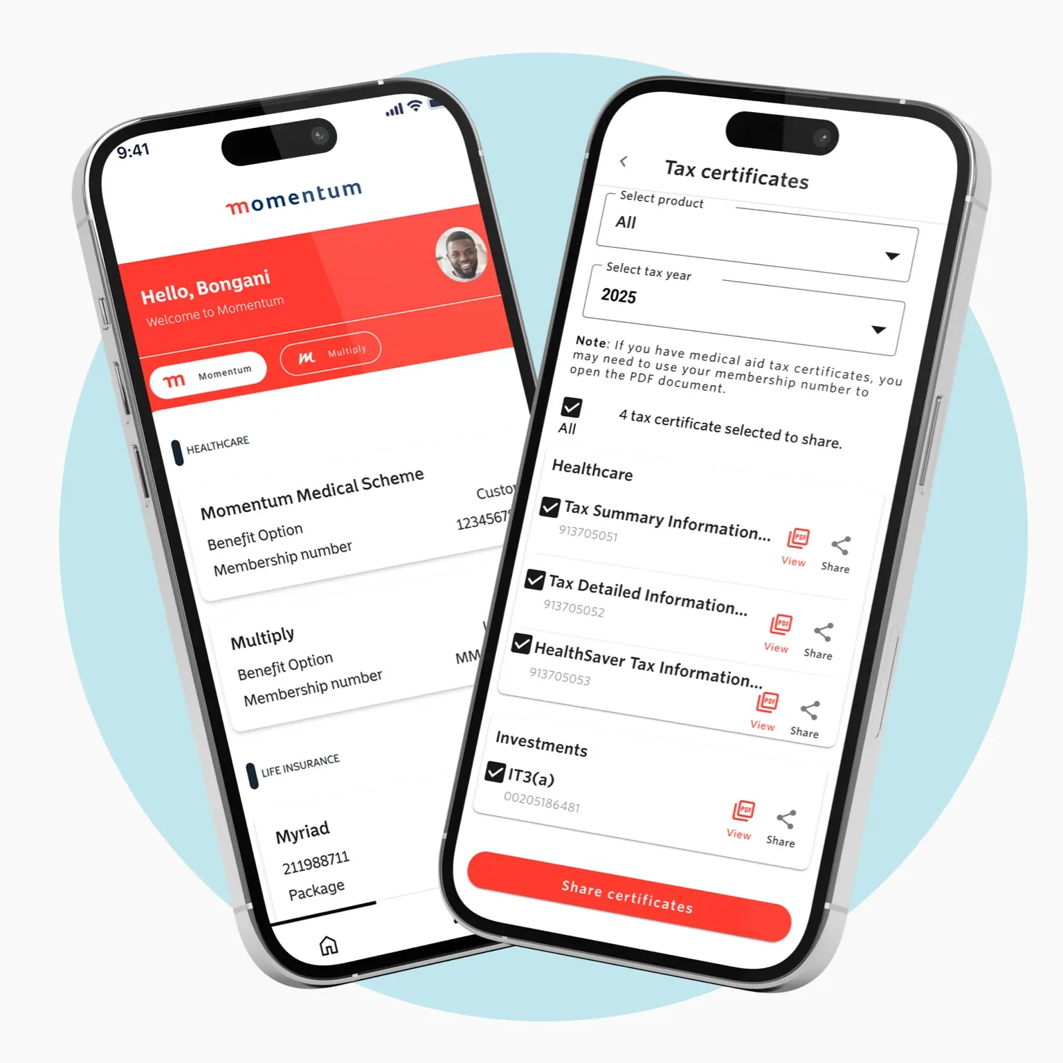 Momentum App tax certificates feature on mobile, allowing users to view and share medical aid and investment tax documents.