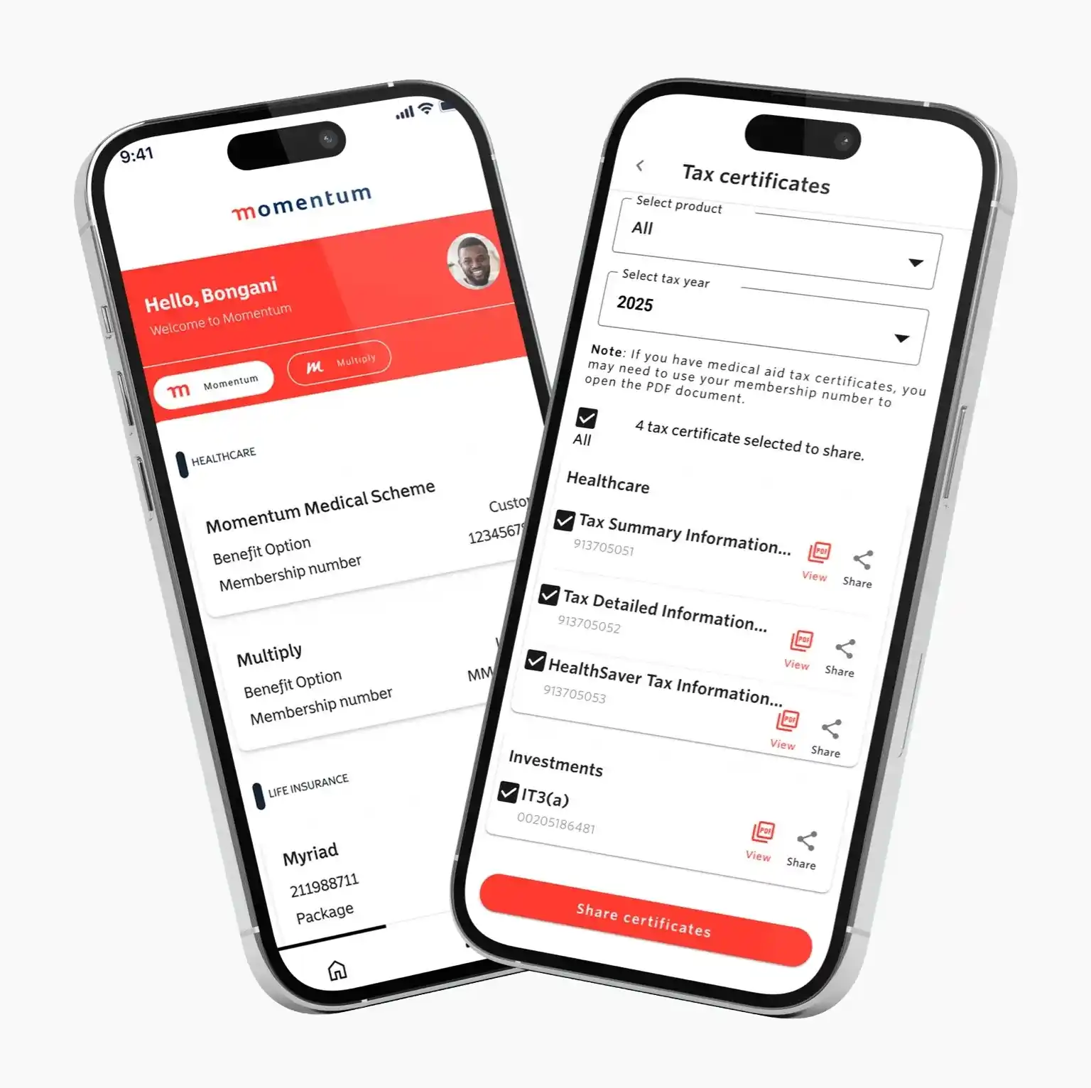 Two smartphones displaying the Momentum mobile interface for user profile details and tax certificates. Download the Momentum App.