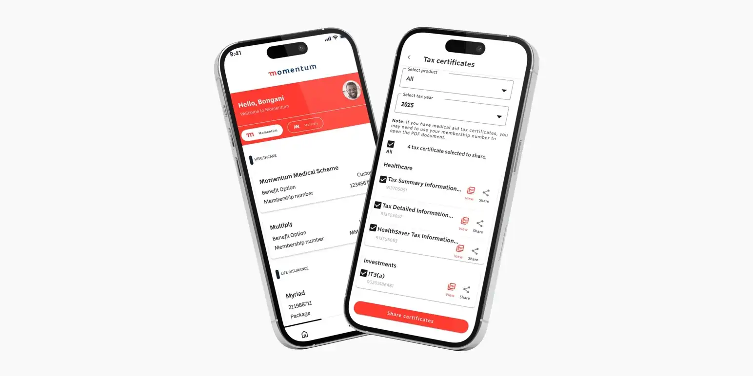 Two smartphones displaying the Momentum mobile interface for user profile details and tax certificates. Download the Momentum App.