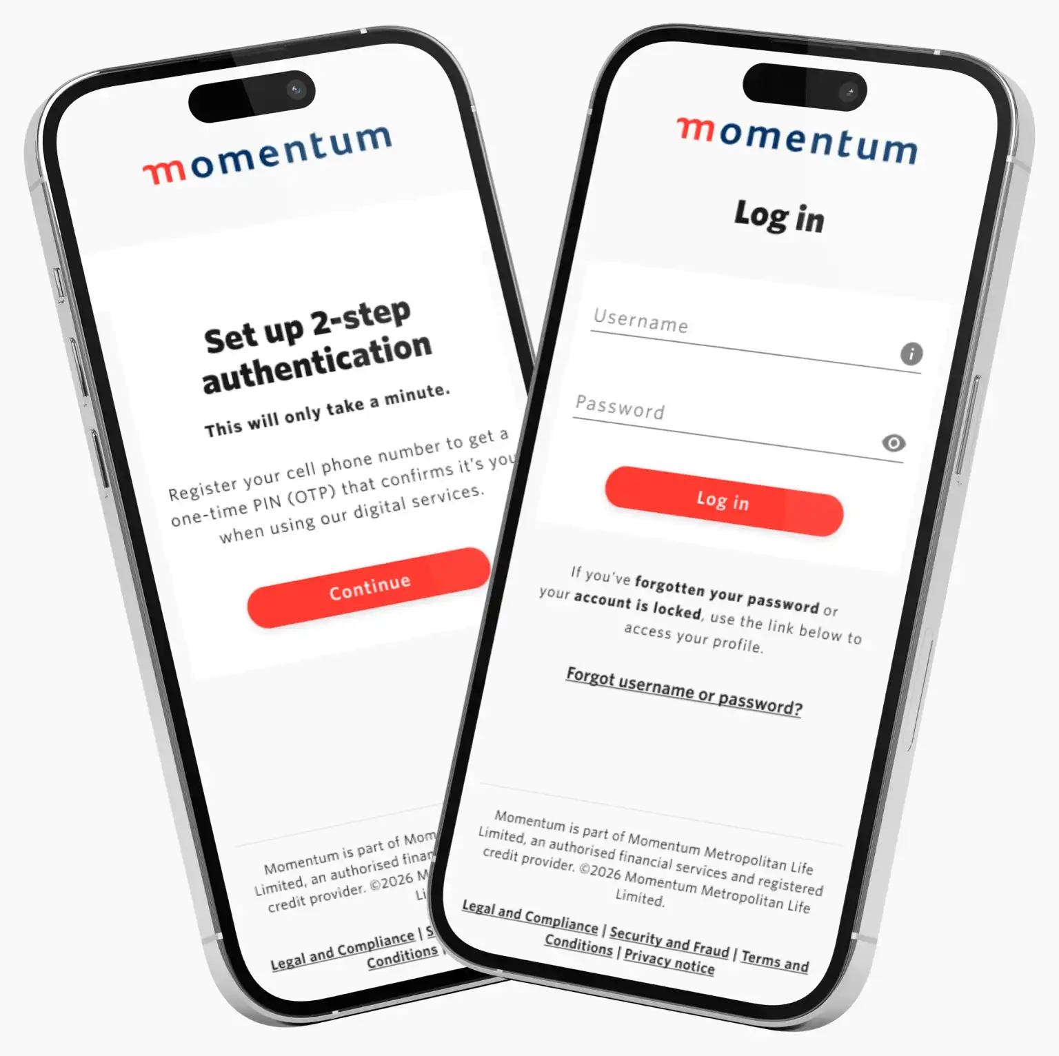 A smartphone showing the Momentum app dashboard with options to download tax certificates and policy documents.