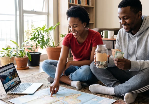 Young South African couple putting money into a savings jar while planning travel on a map, representing smart budgeting to fund big financial goals.