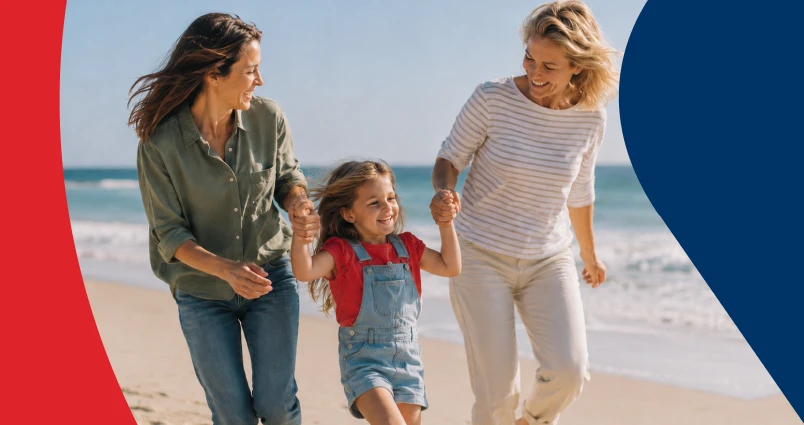 A smiling grandmother, mother and daughter walking along the ocean shoreline on a sunny day, representing three generations of a secure your legacy.
