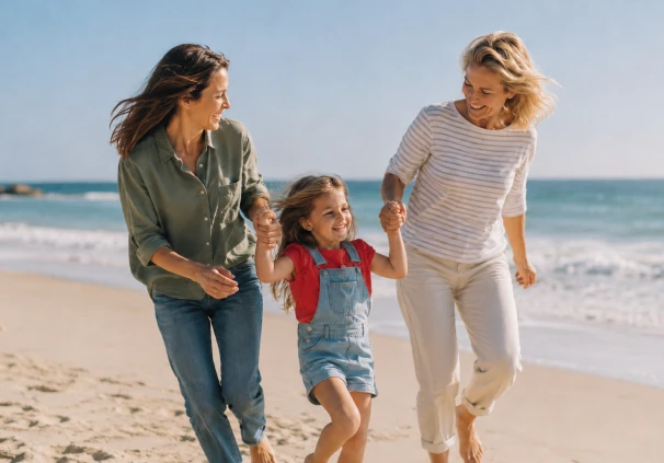 A smiling grandmother, mother and daughter walking along the ocean shoreline on a sunny day, representing three generations of a secure your legacy.