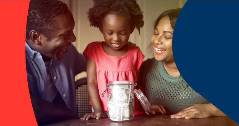 A smiling family of three gathered around a glass jar, filled with savings, symbolising financial planning and saving habits.