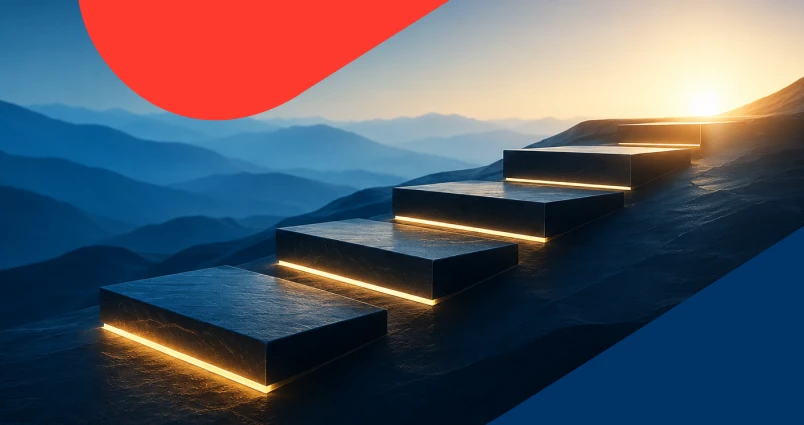 A series of stone steps glowing with under-stair lighting, ascending toward a bright sunrise, symbolising how understanding key investment concepts unlock long-term savings growth.