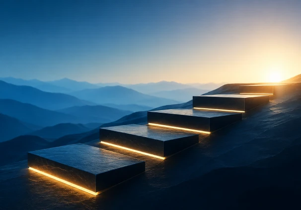 A series of stone steps glowing with under-stair lighting, ascending toward a bright sunrise, symbolising how understanding key investment concepts unlock long-term savings growth.