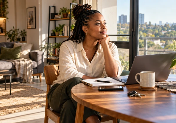 A young woman stares into the distance while imagining her future financial goals.
