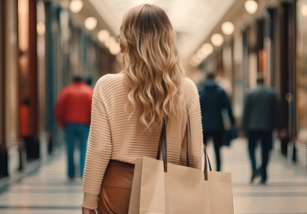 A woman with blonde wavy hair walking through a luxury shopping mall arcade holding shopping bags, symbolising lifestyle creep and spending more as income increases.