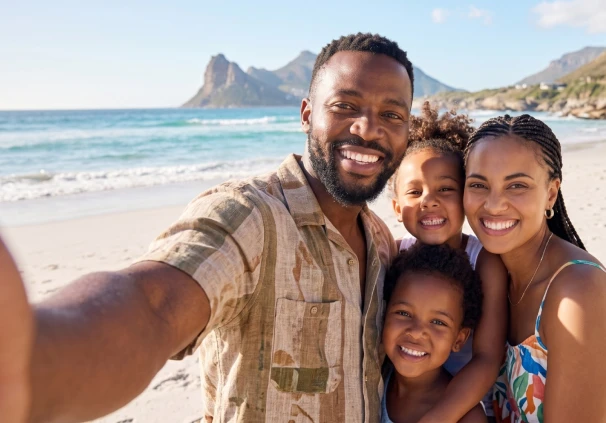 A happy family of four taking a smiling selfie together on a sunny beach.