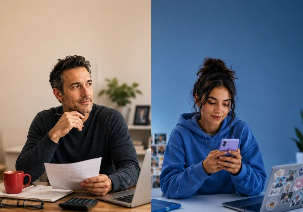 A split-screen banner showing a Gen X man drinking coffee and a Gen Z woman checking her phone, highlighting the concept how both generations save.