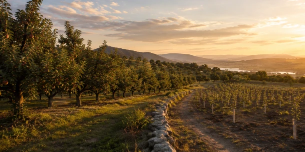 A sunlit orchard and vineyard managed over time, illustrating how expert cultivation relates to the value offered by financial advice.