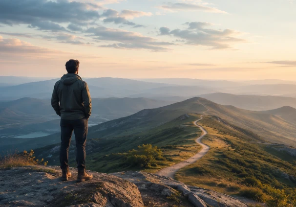 A man standing on a mountain peak looking down a long winding trail, symbolising the growth journey of long-term saving, which can yield results through financial advice.