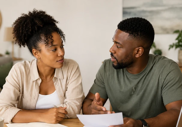 An African couple sit at a table reviewing financial documents together, while discussing their financial goals.