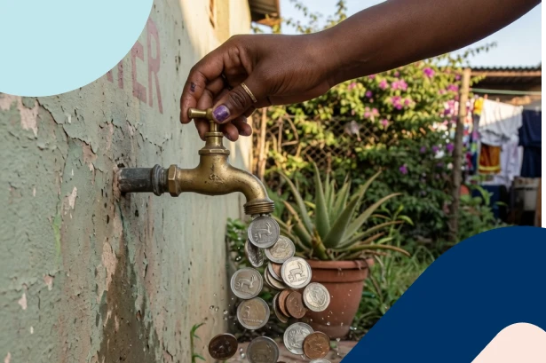 A tap pouring out South African Rand coins, symbolising the hidden costs and 