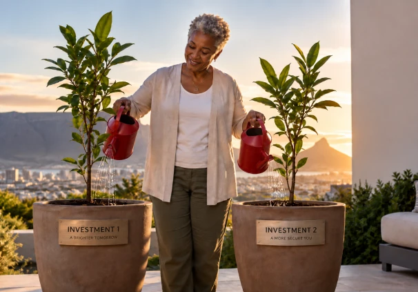 Senior woman watering two potted saplings labeled Investment 1 and Investment 2, symbolising multiple retirement funds.