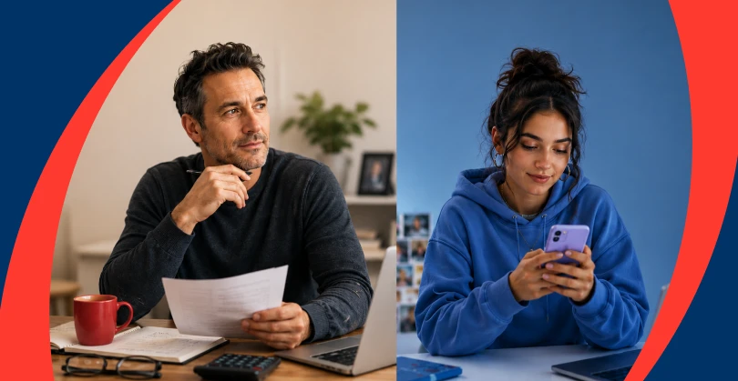 A split-screen banner showing a Gen X man drinking coffee and a Gen Z woman checking her phone, highlighting the concept how both generations save.