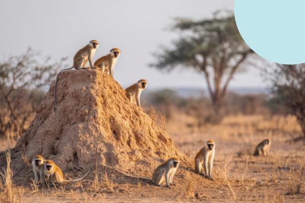 A group of monkeys gathered around a large, sturdy mound in the savanna, symbolising a termite fortress investing in stability.