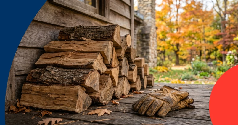 A neatly stacked pile of chopped firewood and a pair of leather work gloves on a wooden deck during winter, symbolising saving money during tough economic times.