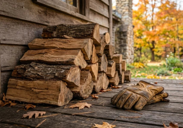 A neatly stacked pile of chopped firewood and a pair of leather work gloves on a wooden deck during winter, symbolising saving money during tough economic times.