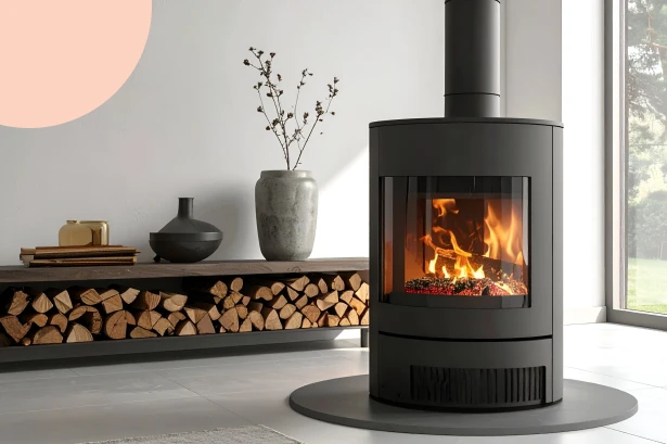 A modern black freestanding fireplace with a bright fire burning inside next to a low wooden bench stacked with logs illustrating financial preparation.