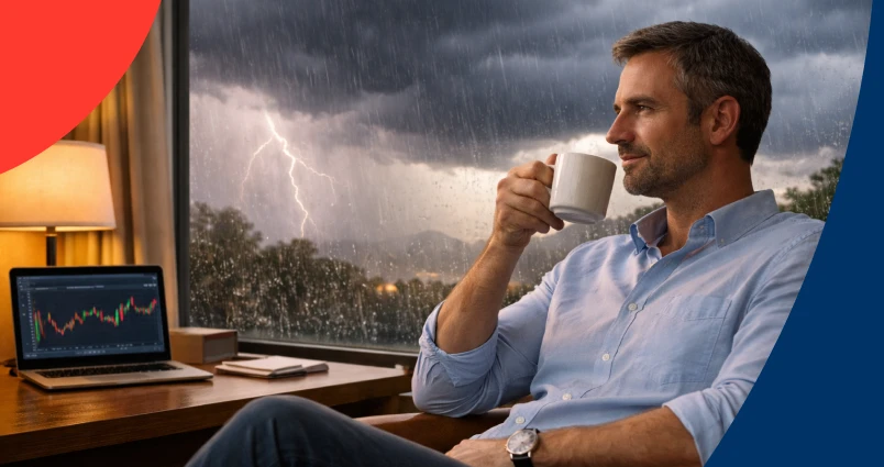 A relaxed man drinks coffee and smiles at his rising investment growth on his laptop while a storm rages outside his window.