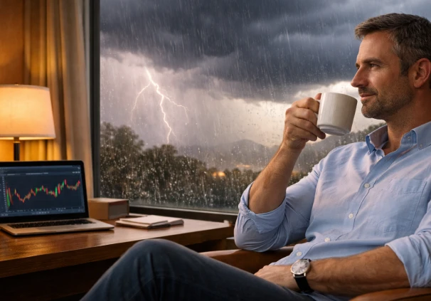A relaxed man drinks coffee and smiles at his rising investment growth on his laptop while a storm rages outside his window.