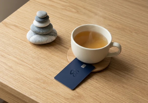 A serene tabletop scene featuring a stack of balanced Zen stones and a steaming cup of tea on a wooden surface, with a bank card resting nearby to symbolize the link between saving and self-care.