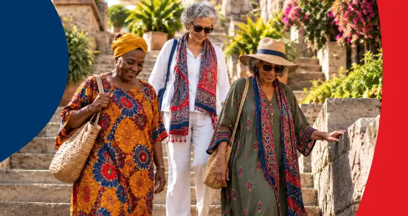 Three senior women enjoying a sunny vacation together, walking down stone stairs in a historic village, highlighting the freedom that comes with retirement when you have enough money in your retirement fund.
