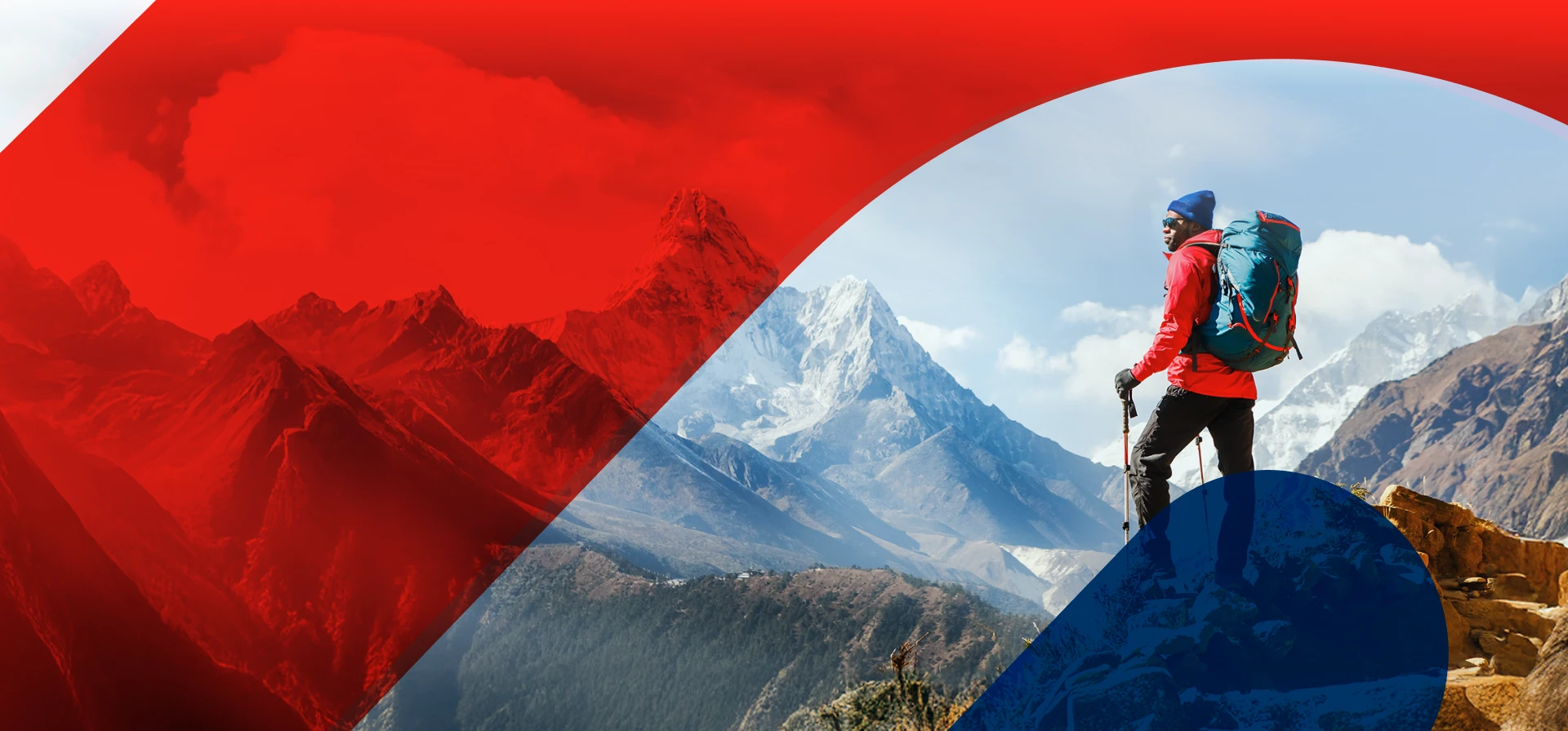 A hiker in red gear with a blue backpack stands on a rocky mountain trail, overlooking snow-covered peaks under a clear sky, framed by abstract red and blue shapes.