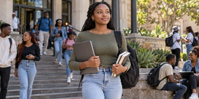University student walking on campus while pursuing tertiary education through the Phambili Bursary.
