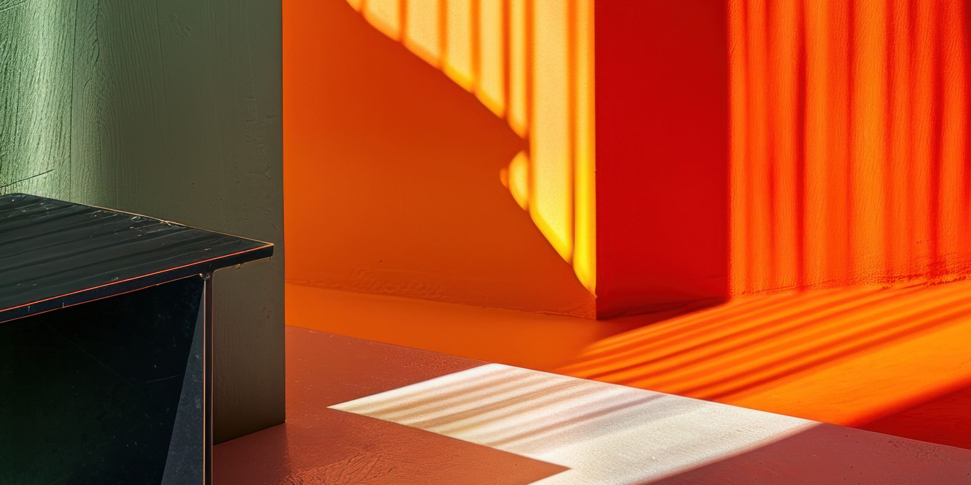 A modern architectural scene featuring vibrant orange, red, and muted green geometric surfaces, with bright sunlight casting sharp, striped slatted-shadow patterns across the walls and floor.  
