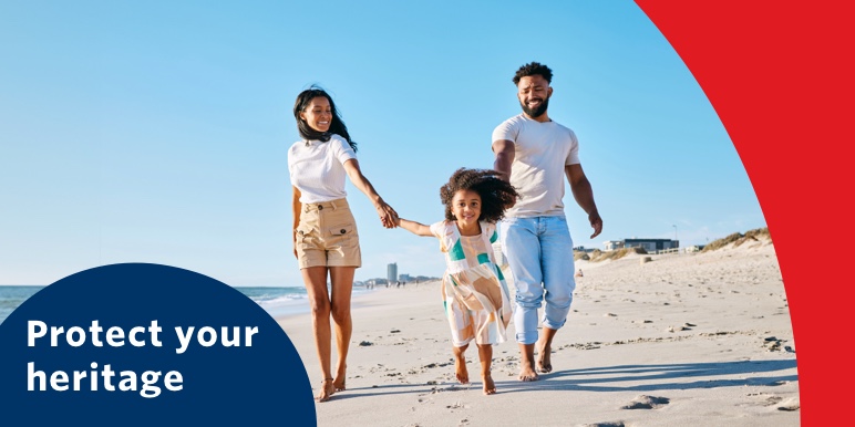 A young couple at the beach playfully swinging their daughter,  knowing that their legacy has been preserved with an executable Will, drafted during Heritage month.