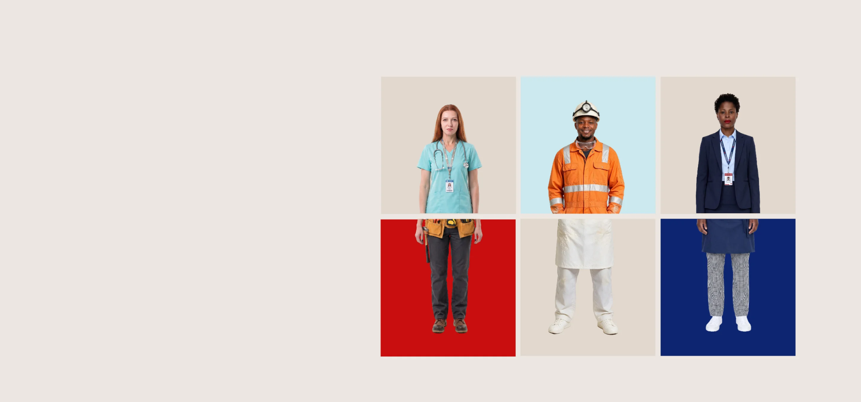 An image grid showing workers from various professions, including a healthcare worker, miner, corporate professional, tradesperson, chef and service worker, representing employee benefits built for unique realities.
