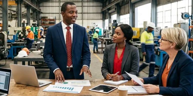 Two professional colleagues reviewing umbrella fund documents together in a modern office.