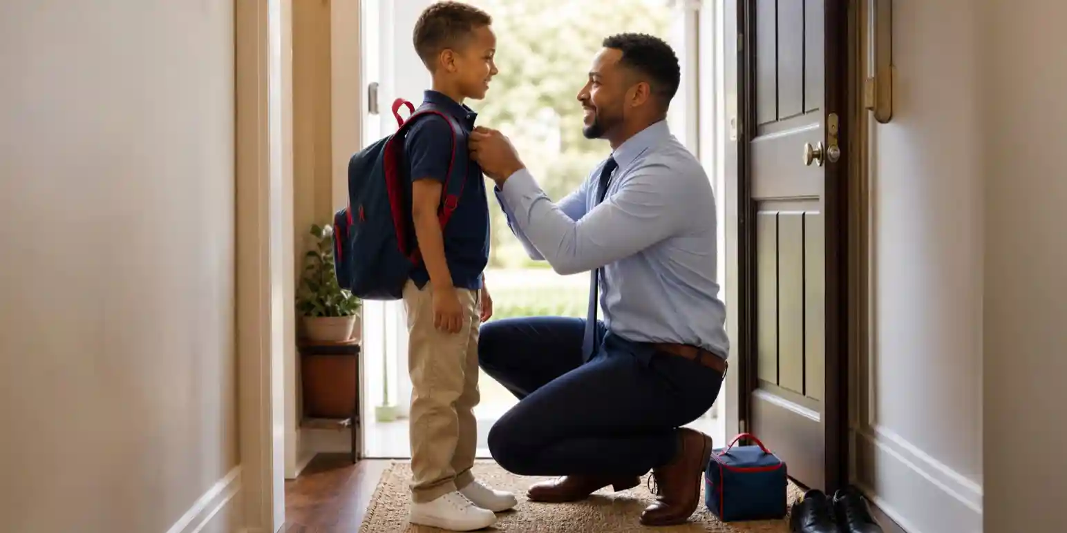 Father helping his young son get ready for school representing Studymaster learning support for school-going children.