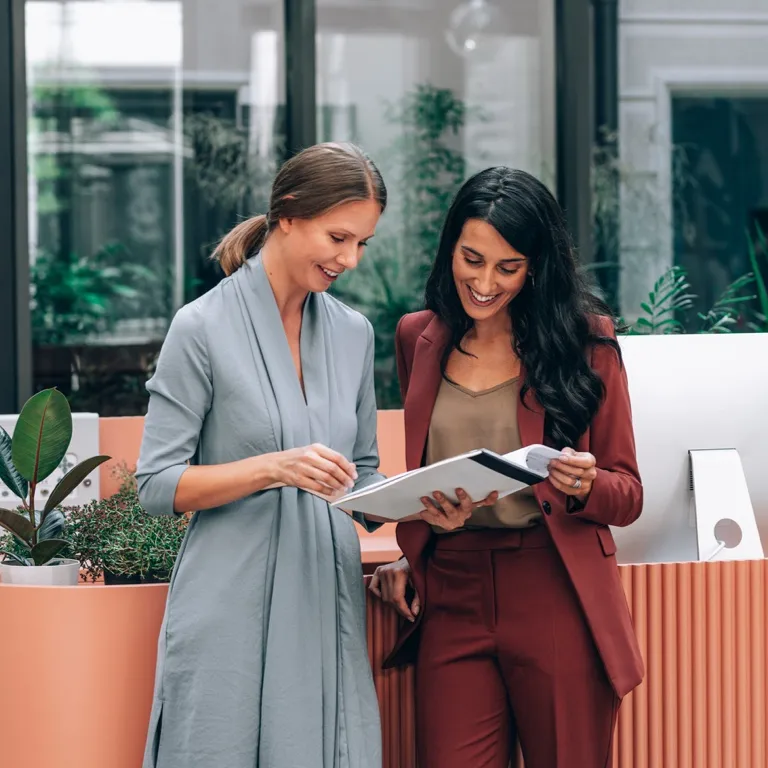 Two professional colleagues reviewing umbrella fund documents together in a modern office.