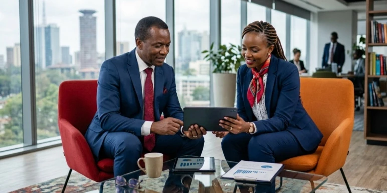 Two women standing in a modern open plan office having a discussion about a few documents.