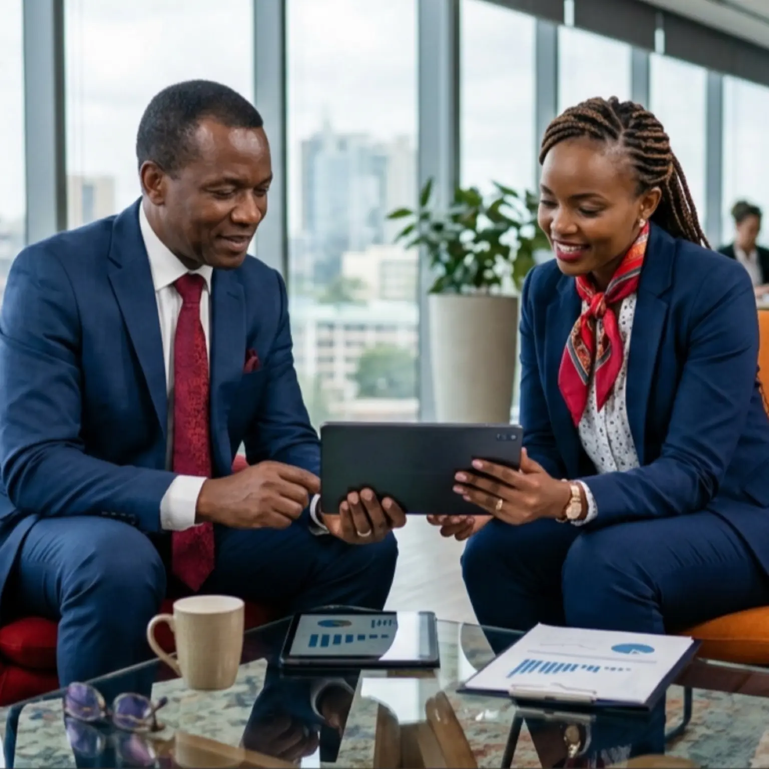 Two women standing in a modern open plan office having a discussion about a few documents.