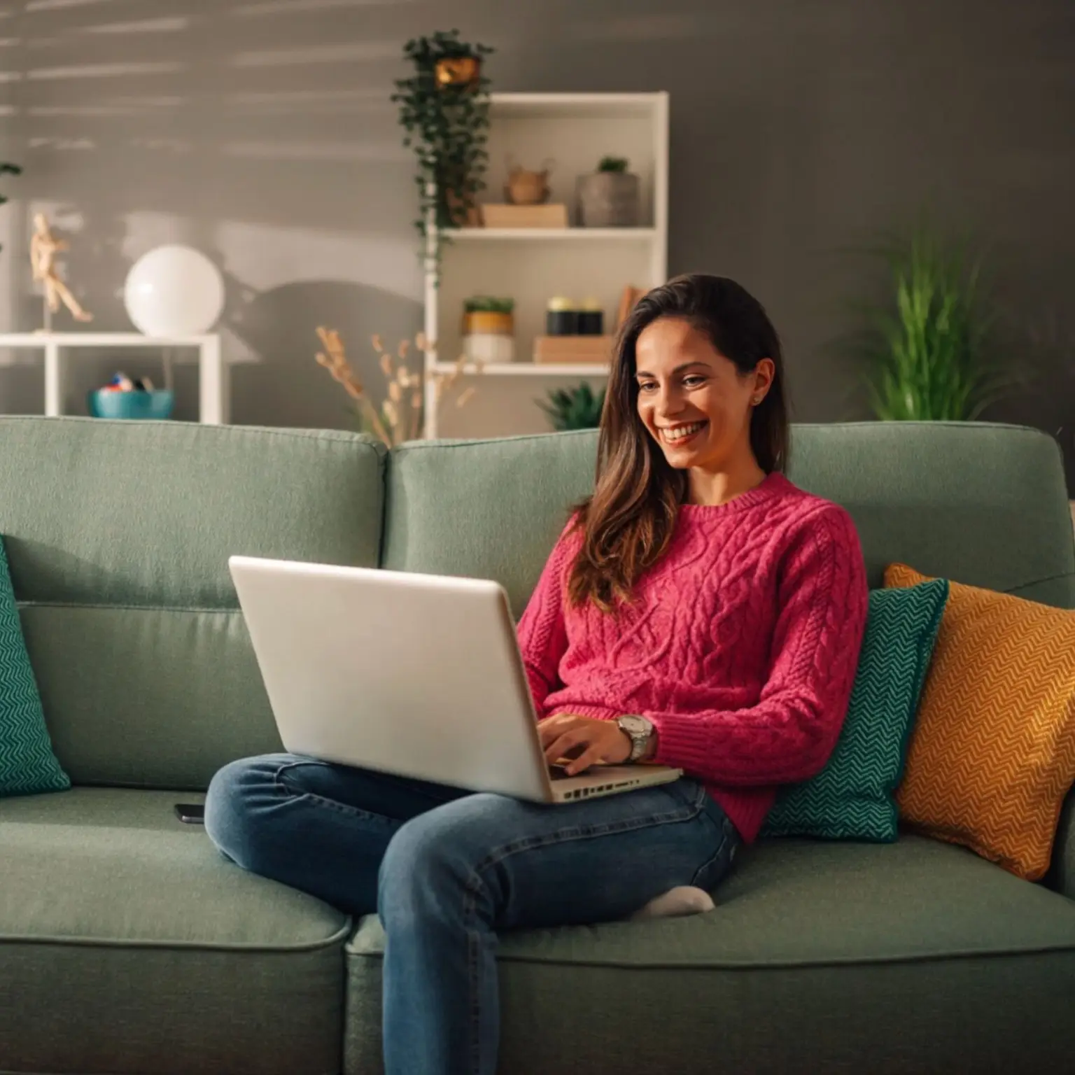 A young woman sitting on a blue velvet couch using the Smart Solutions tool on her laptop to view her benefits and profile.