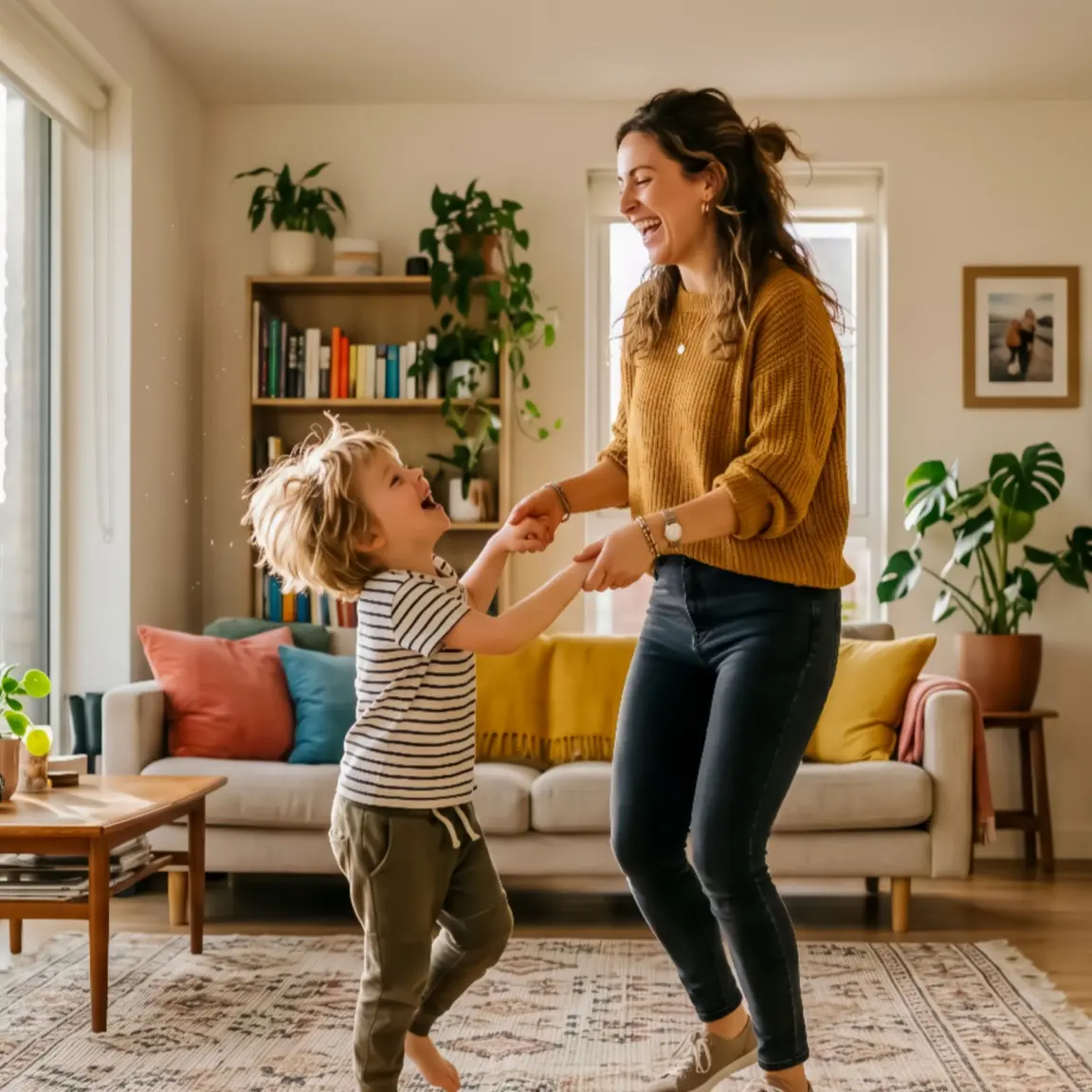 A mother and child sharing a memorable moment at home, surrounded by valuable assets and items, representing the peace of mind that comes with a Momentum Estate Plan.