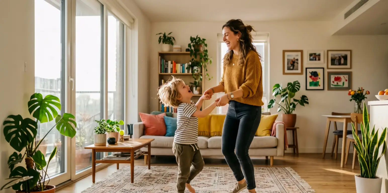 A mother and child sharing a memorable moment at home, surrounded by valuable assets and items, representing the peace of mind that comes with a Momentum Estate Plan.