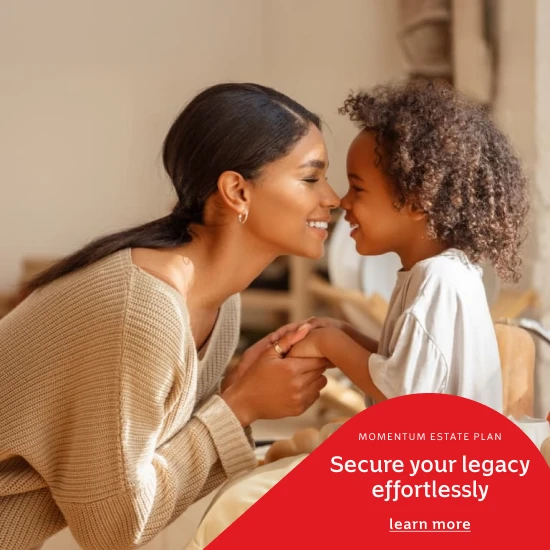 A mother affectionally embracing her young son, comfortable that her legacy is secure with the Momentum Estate Plan.
