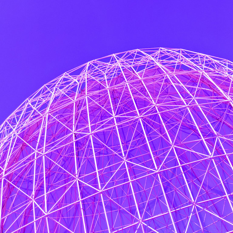 Abstract geometric structure with intersecting white beams against a purple background.