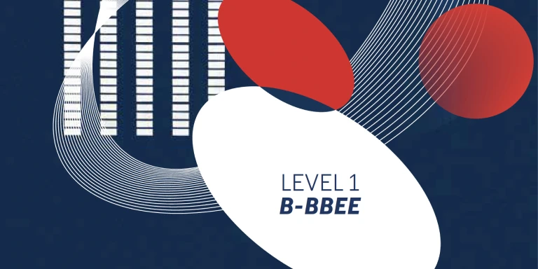 Abstract graphic with red, white, and blue design elements featuring the text 