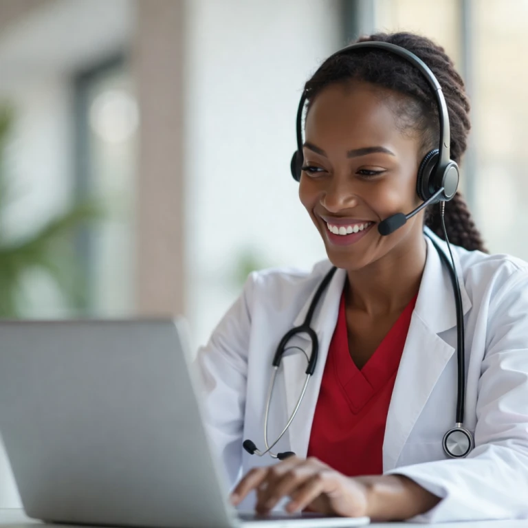 Young women's specialist sitting in an office working on her laptop, smiling while consulting with a patient online through Momentum’s Hello Doctor.