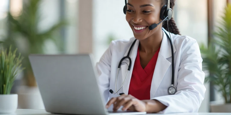 Young women's specialist sitting in an office working on her laptop, smiling while consulting with a patient online through Momentum’s Hello Doctor.