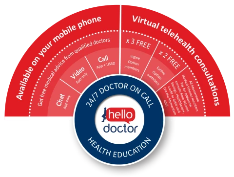Infographic showing Hello Doctor telehealth services available on mobile phones, including 24/7 doctor access via chat, video, or call, plus virtual telehealth consultations with free consultation options for members and health education support.